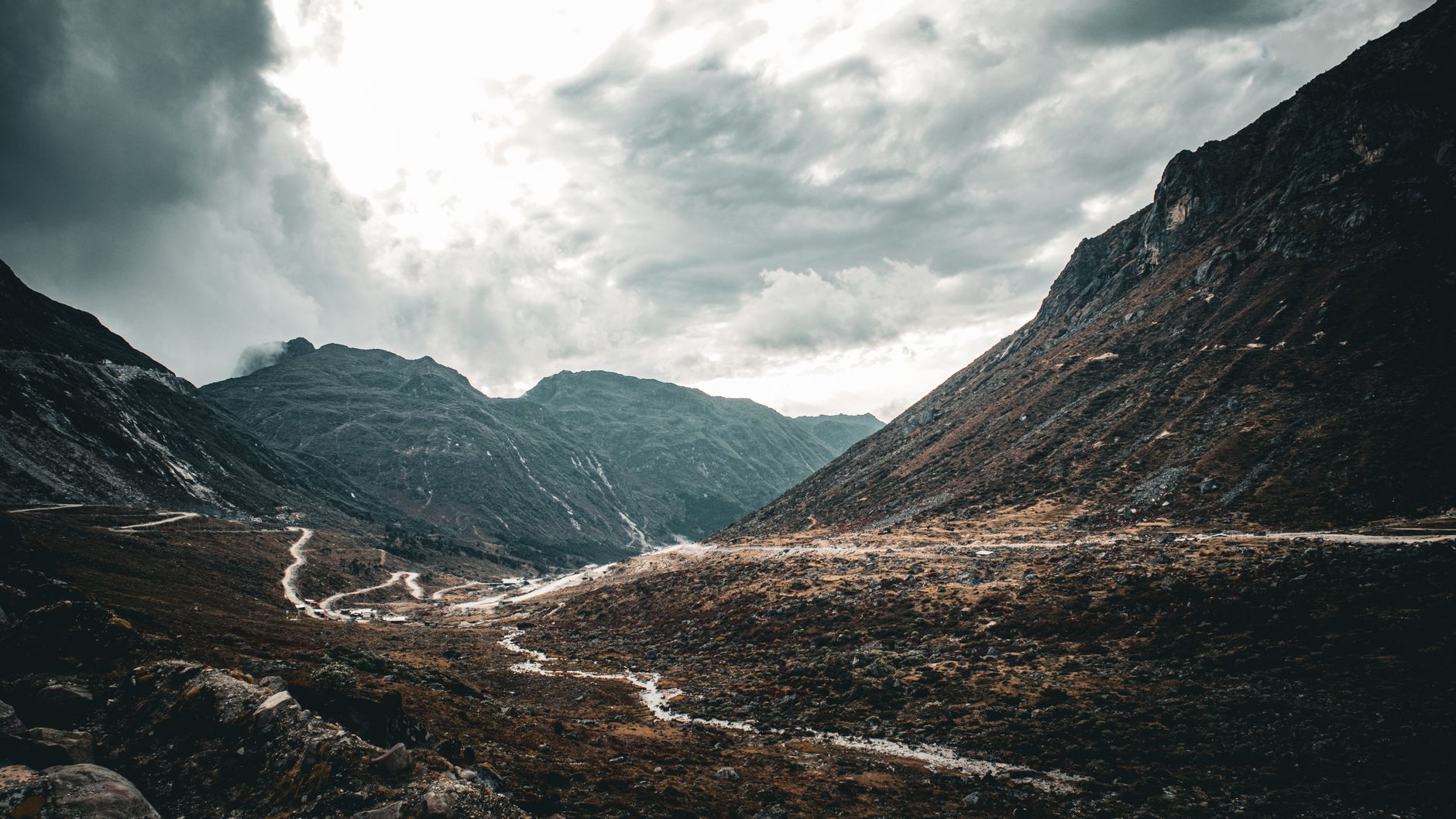 Dramatic alpine mountain valley travel landscape
